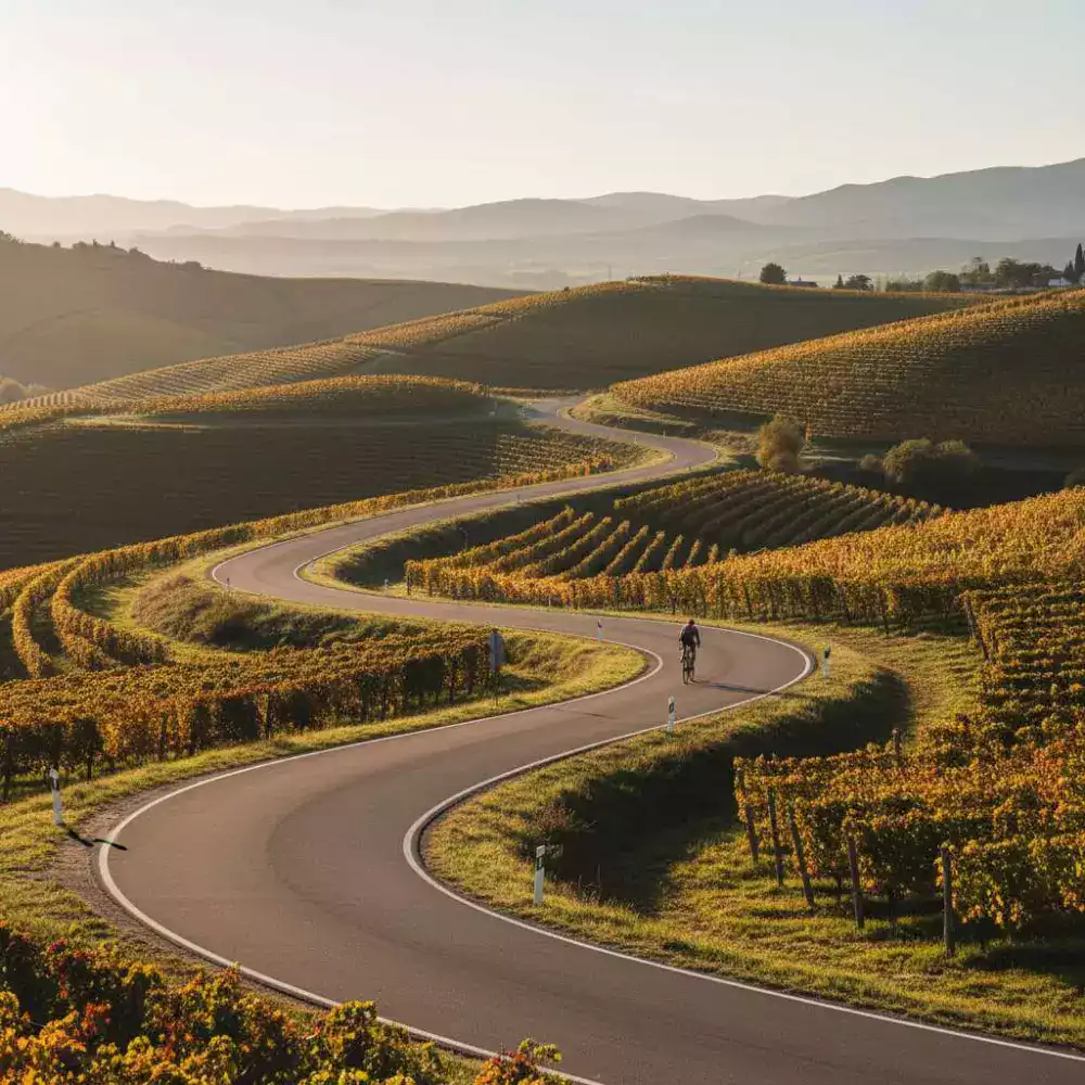 Ciclisti che affrontano le dolci colline del percorso medio da centoventi chilometri, pedalando attraverso vigneti produttivi e campi coltivati che caratterizzano il paesaggio rurale italiano dell'entroterra laziale