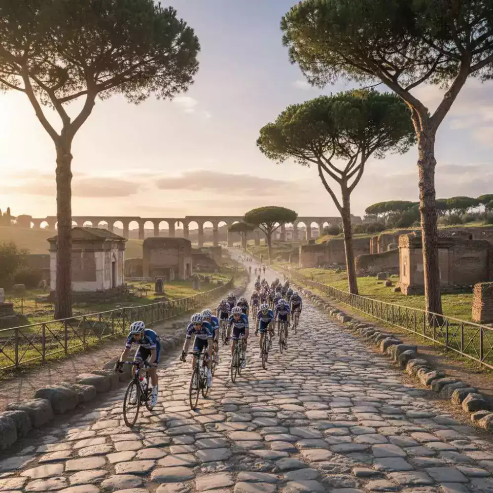 Ciclisti che percorrono con rispetto la storica Via Appia Antica, ammirando le antiche pietre romane e i resti archeologici mentre pedalano attraverso duemila anni di storia italiana
