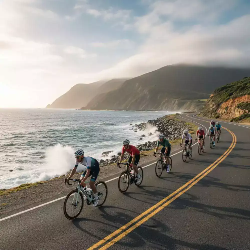 Gruppo di ciclisti che pedalano rilassati lungo il suggestivo lungomare di Ostia, godendo della brezza marina e della vista panoramica sul Tirreno durante il percorso ciclistico amatoriale