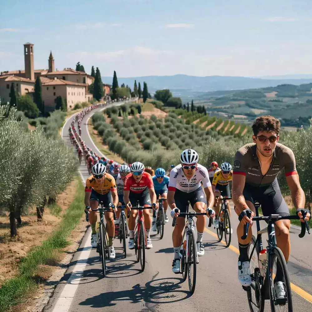 Gruppo affiatato di ciclisti che pedala attraverso la caratteristica pineta di Ostia, circondati da maestosi pini marittimi che creano un'atmosfera naturale e rilassante durante il percorso