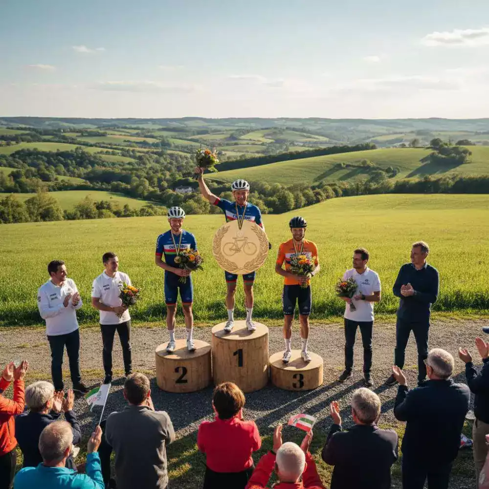 Cerimonia ufficiale di premiazione della Gran Fondo Ostia dove i vincitori delle diverse categorie ricevono trofei e riconoscimenti speciali per le loro prestazioni eccezionali nella competizione ciclistica